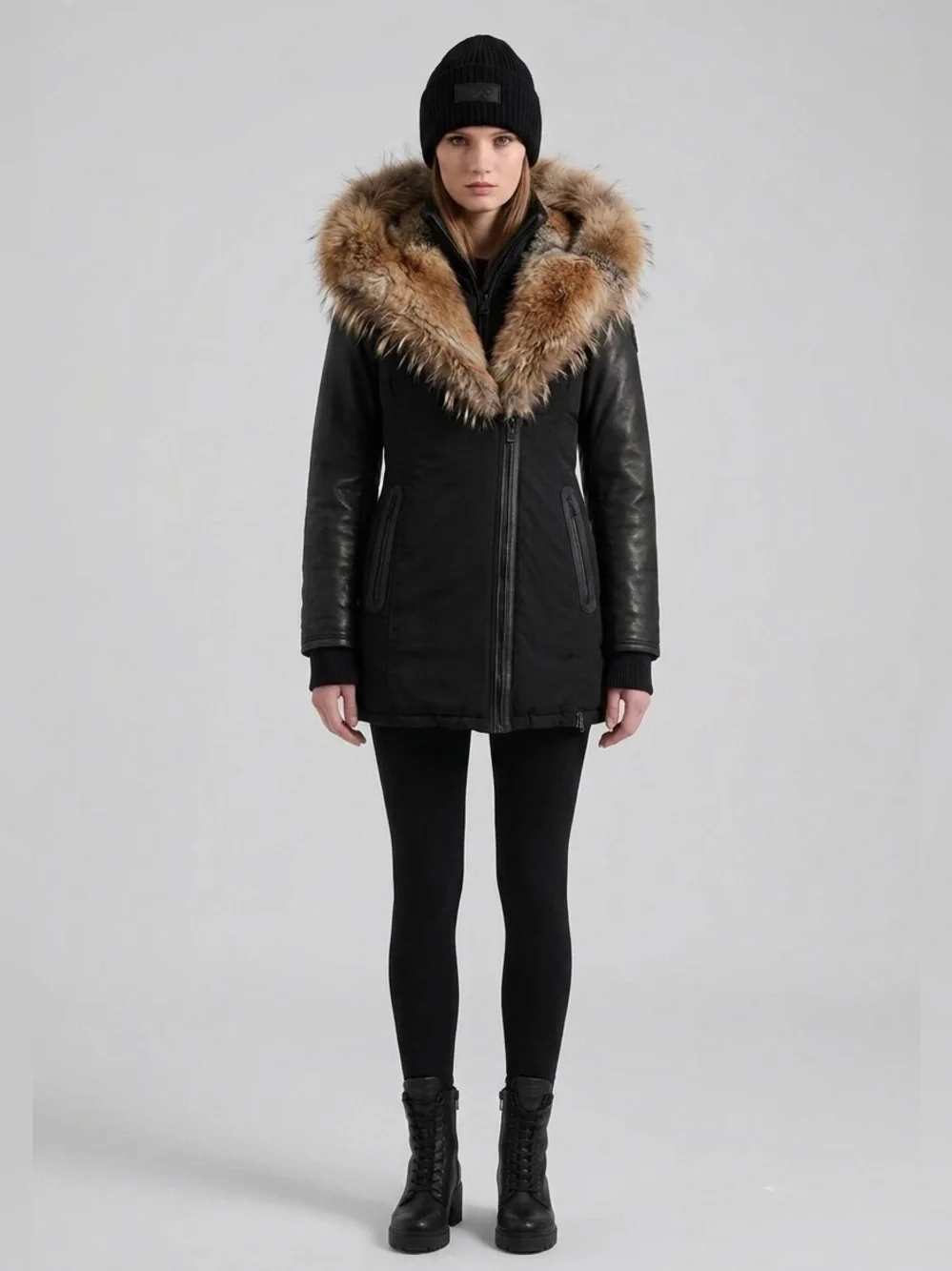 RUDSAK Black Down Fur Trimmed Midi Parka Leather Sleeves Size Medium Luxury Chic - Picture 1 of 16